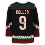 A.Coyotes #9 Clayton Keller Fanatics Authentic Autographed Kachina Alternate Jersey with 25th Anniversary Season Patch Black Stitched American Hockey Jerseys